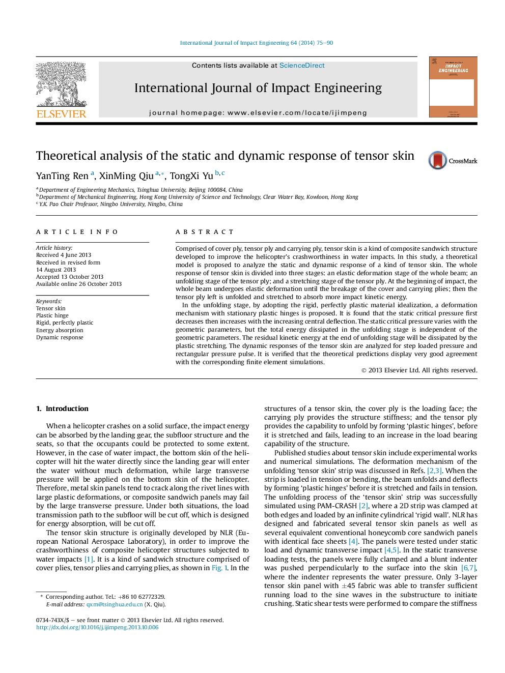 Theoretical analysis of the static and dynamic response of tensor skin