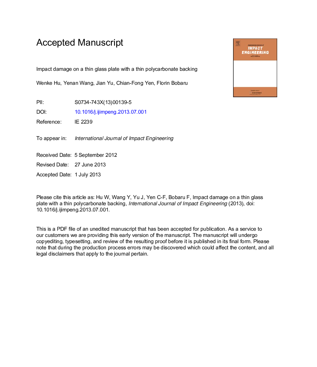 Impact damage on a thin glass plate with a thin polycarbonate backing