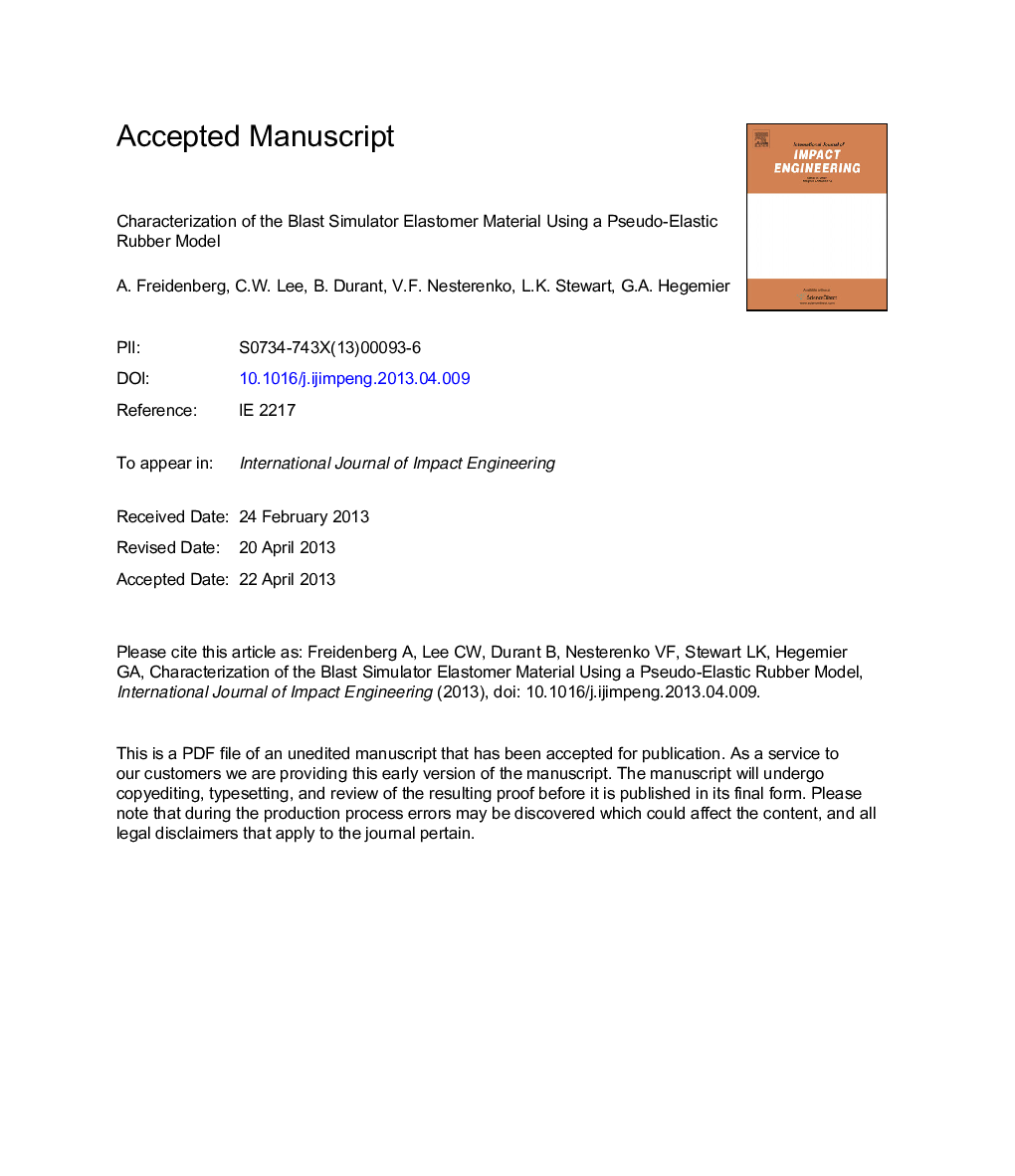 Characterization of the Blast Simulator elastomer material using a pseudo-elastic rubber model