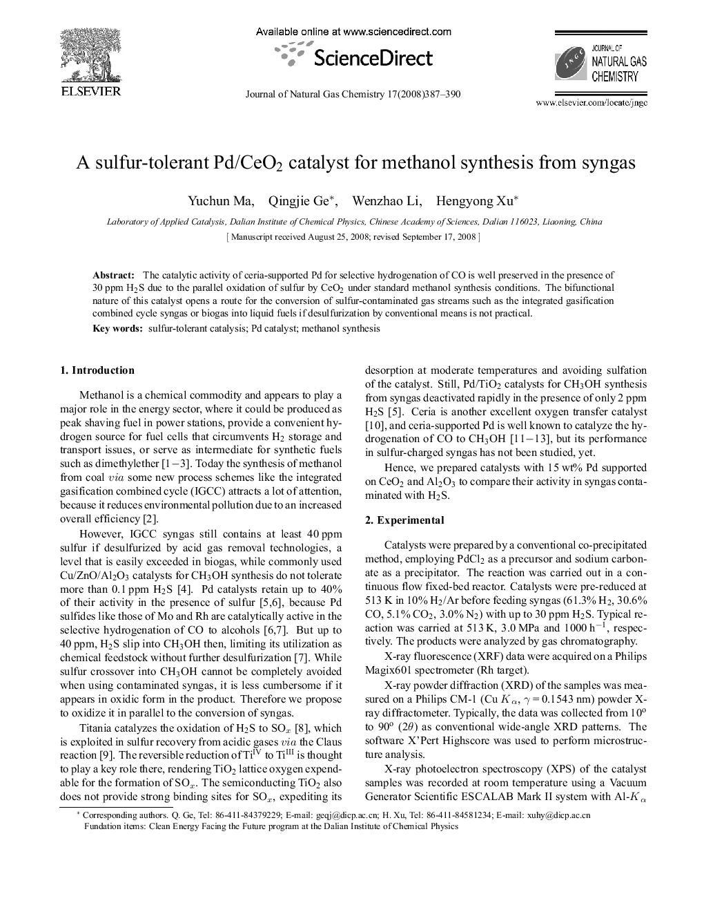 A sulfur-tolerant Pd/CeO2 catalyst for methanol synthesis from syngas 