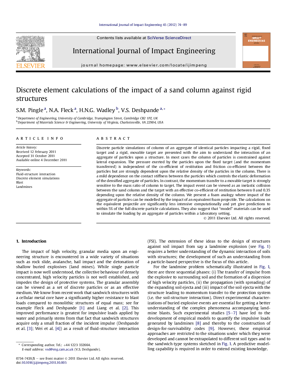 Discrete element calculations of the impact of a sand column against rigid structures