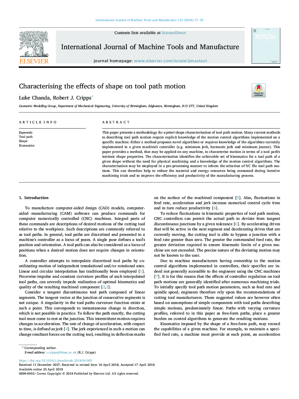 Characterising the effects of shape on tool path motion