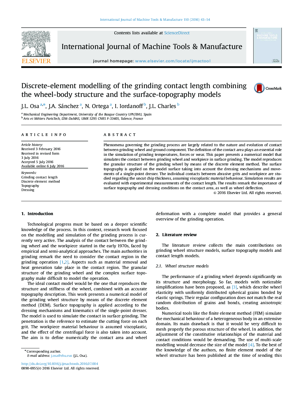 Discrete-element modelling of the grinding contact length combining the wheel-body structure and the surface-topography models