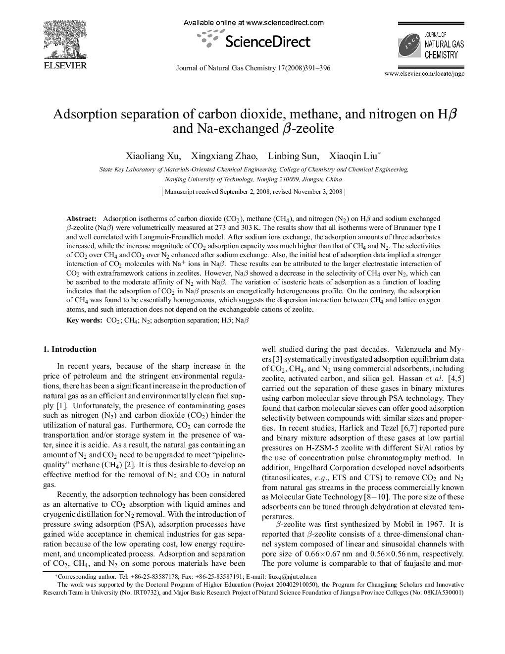 Adsorption separation of carbon dioxide, methane, and nitrogen on Hβ and Na-exchanged β-zeolite 