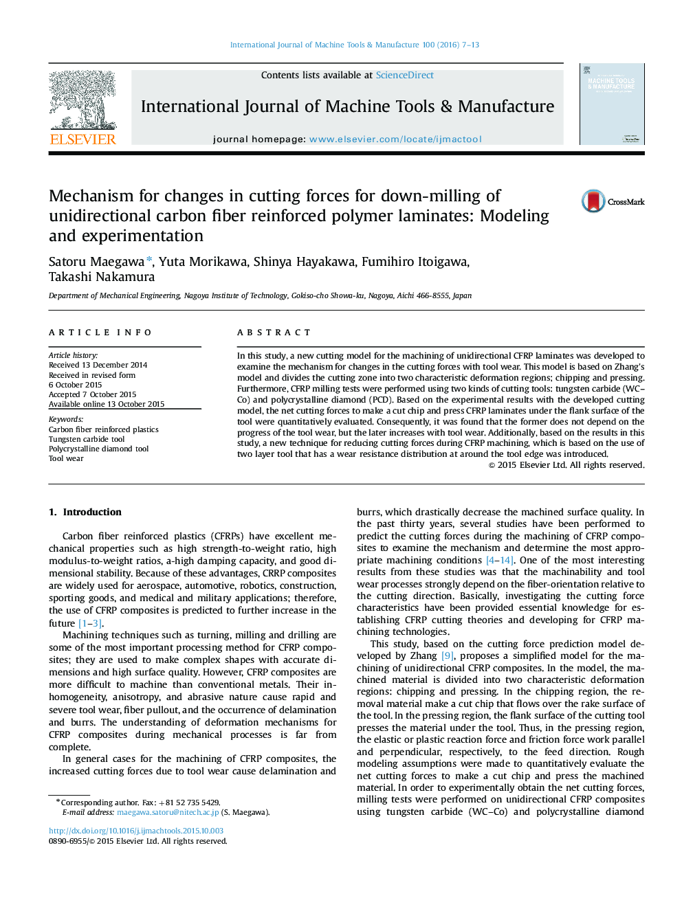 Mechanism for changes in cutting forces for down-milling of unidirectional carbon fiber reinforced polymer laminates: Modeling and experimentation