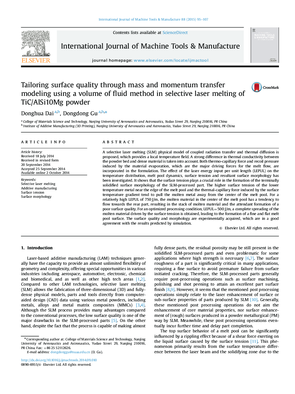 Tailoring surface quality through mass and momentum transfer modeling using a volume of fluid method in selective laser melting of TiC/AlSi10Mg powder