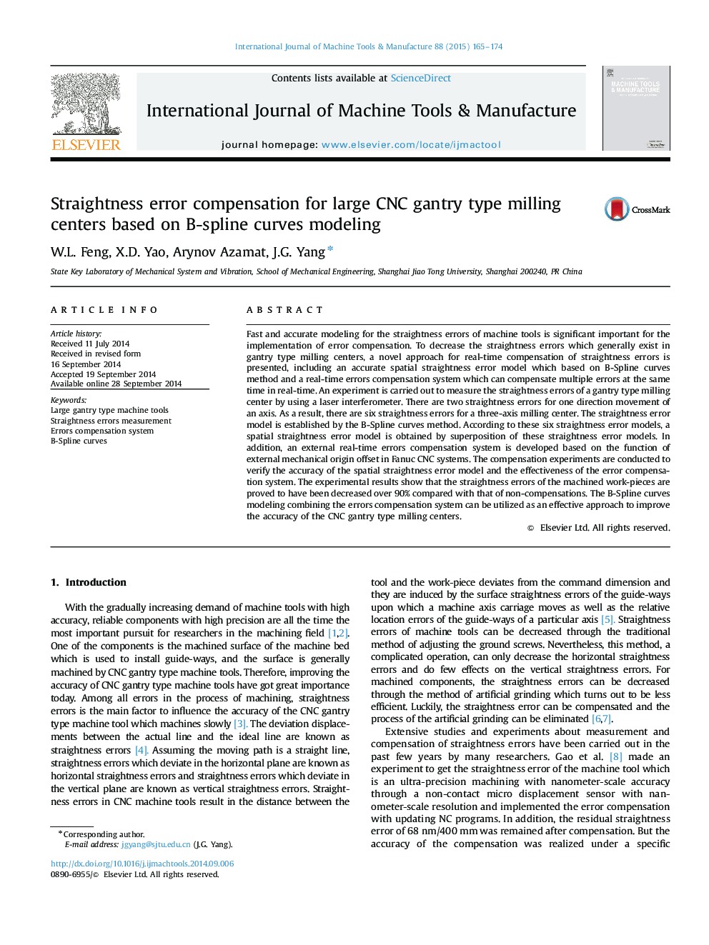 Straightness error compensation for large CNC gantry type milling centers based on B-spline curves modeling