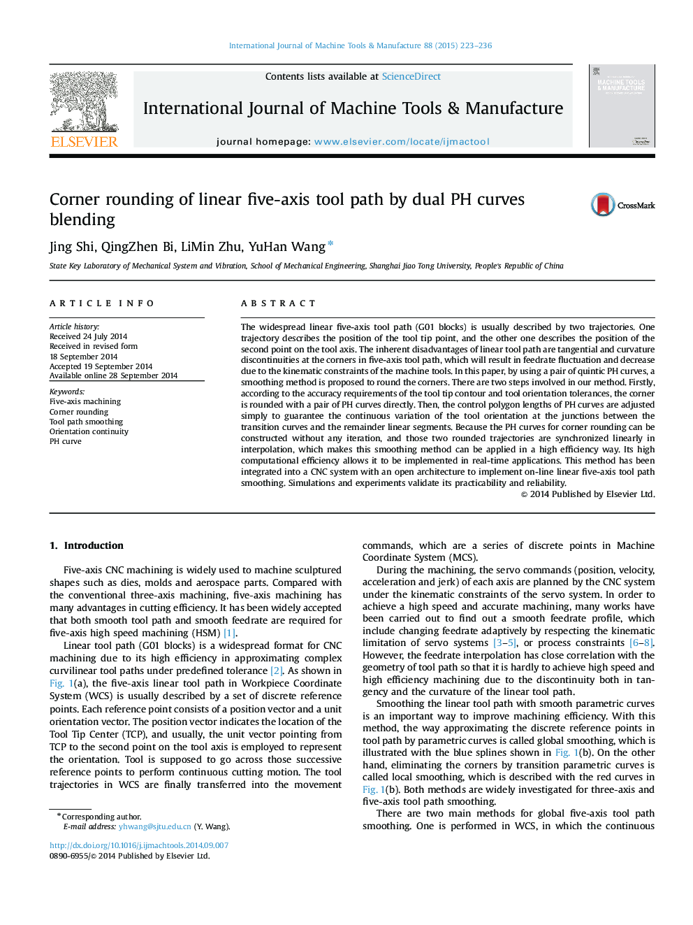 Corner rounding of linear five-axis tool path by dual PH curves blending