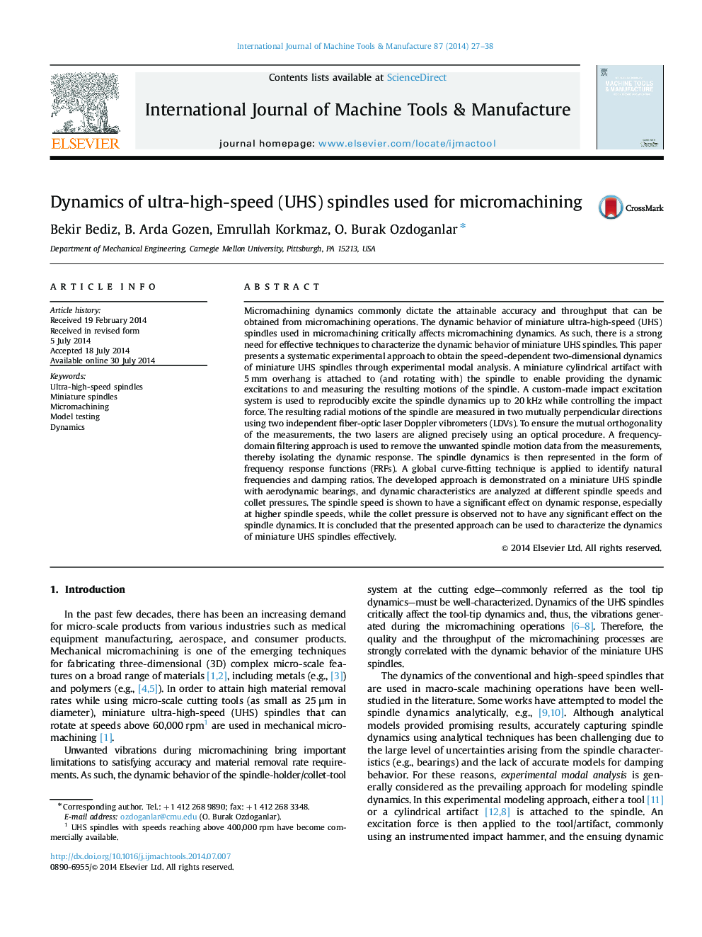 Dynamics of ultra-high-speed (UHS) spindles used for micromachining