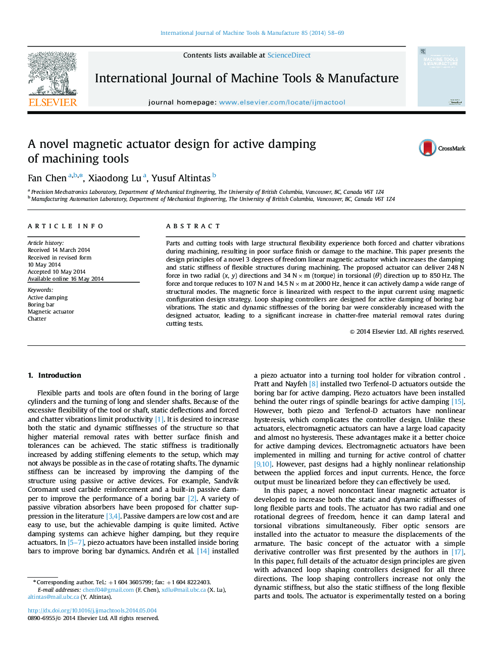 A novel magnetic actuator design for active damping of machining tools