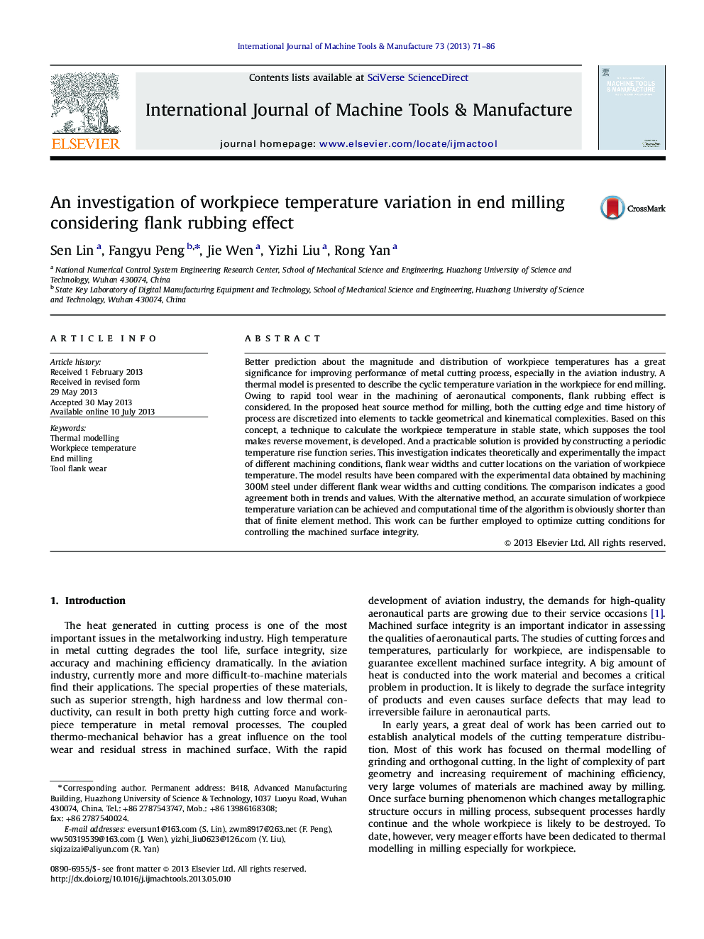 An investigation of workpiece temperature variation in end milling considering flank rubbing effect