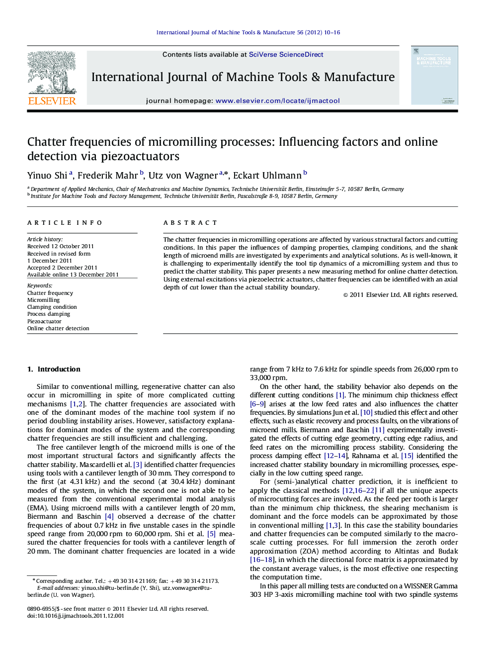 Chatter frequencies of micromilling processes: Influencing factors and online detection via piezoactuators