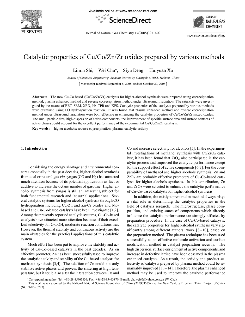 Catalytic properties of Cu/Co/Zn/Zr oxides prepared by various methods 