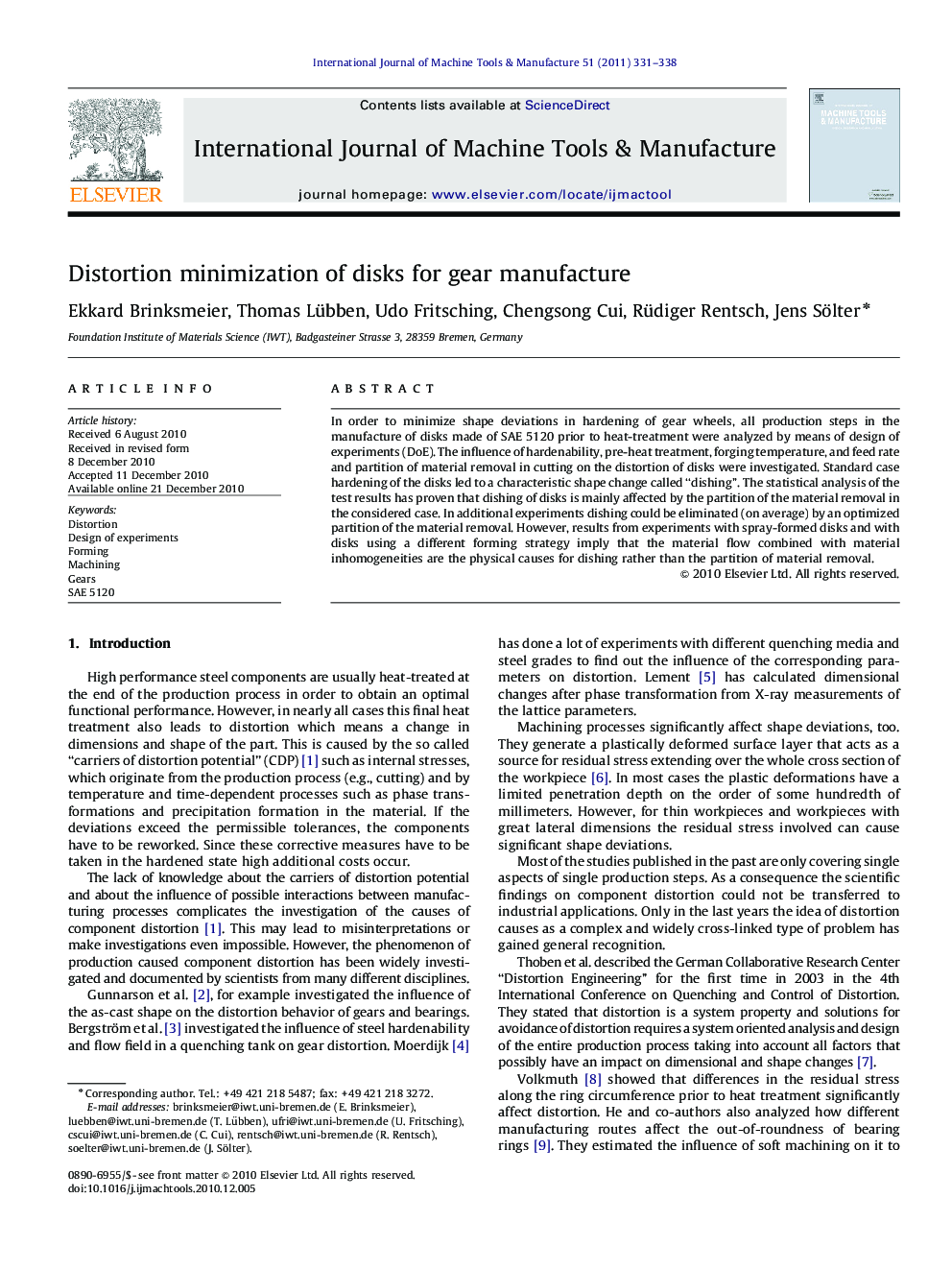 Distortion minimization of disks for gear manufacture