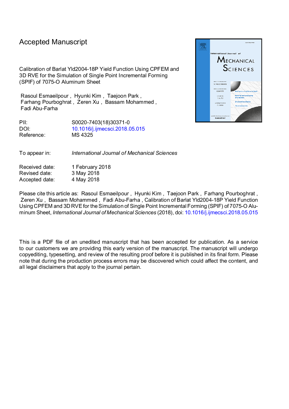 Calibration of Barlat Yld2004-18P yield function using CPFEM and 3D RVE for the simulation of single point incremental forming (SPIF) of 7075-O aluminum sheet