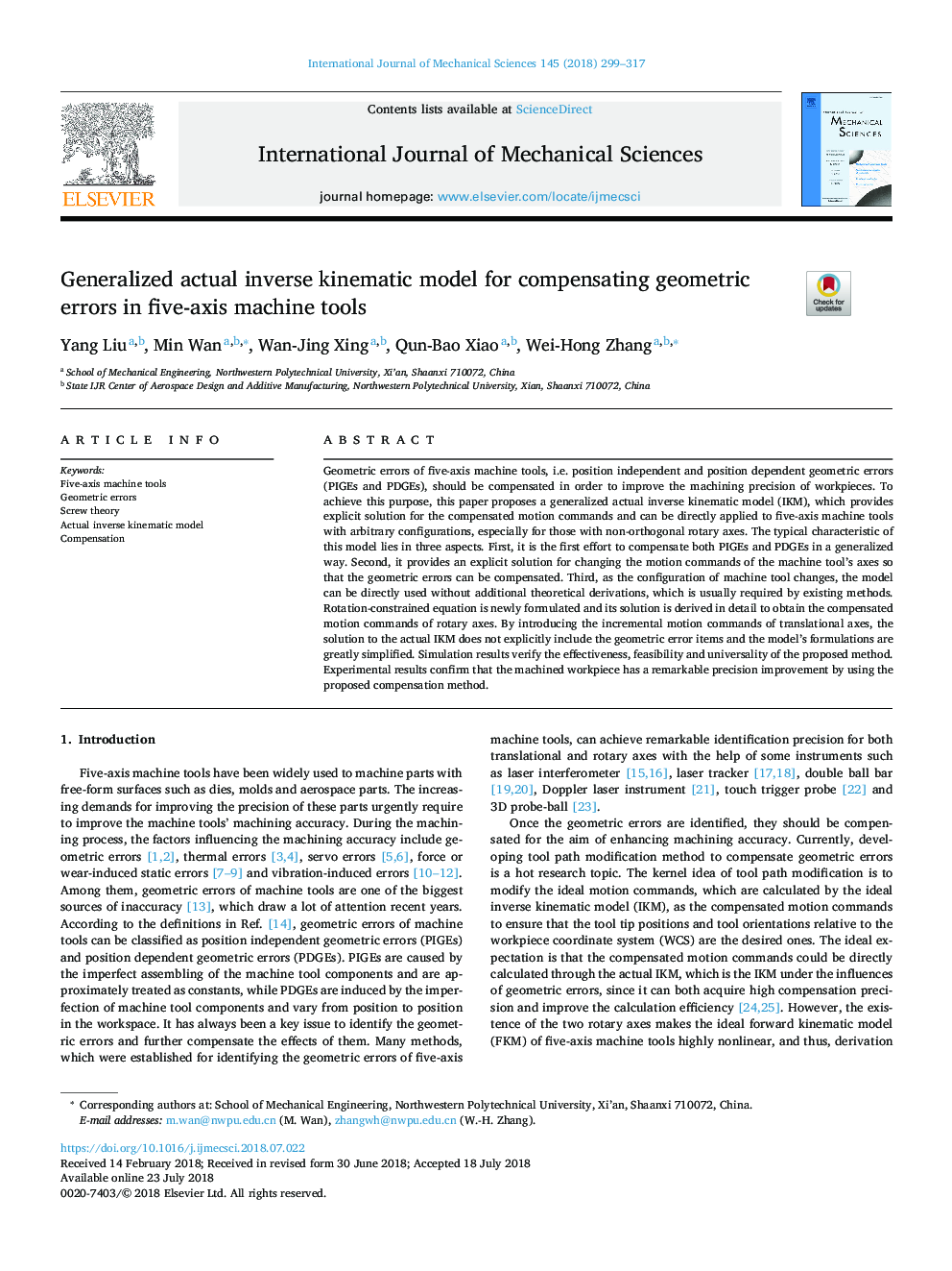 Generalized actual inverse kinematic model for compensating geometric errors in five-axis machine tools