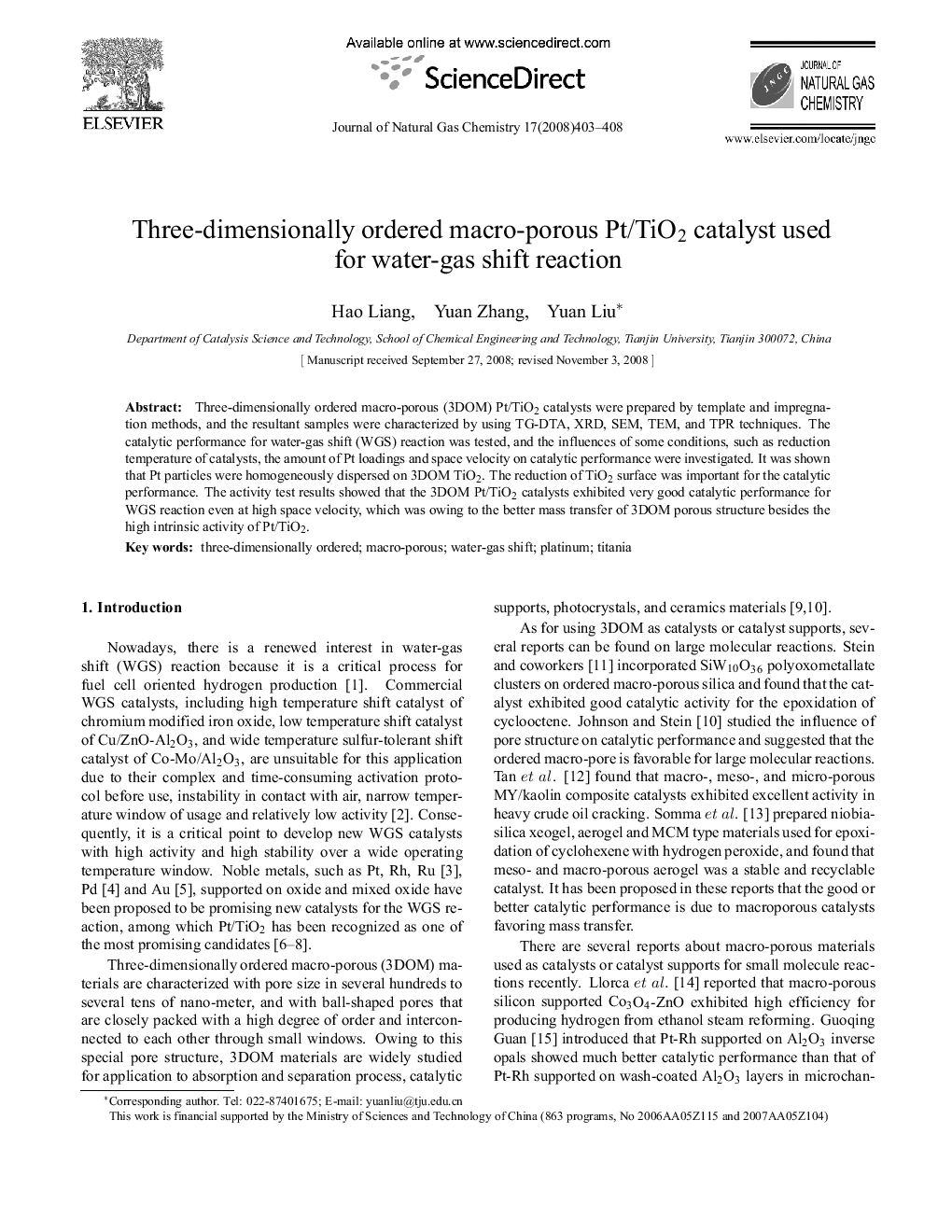 Three-dimensionally ordered macro-porous Pt/TiO2 catalyst used for water-gas shift reaction 