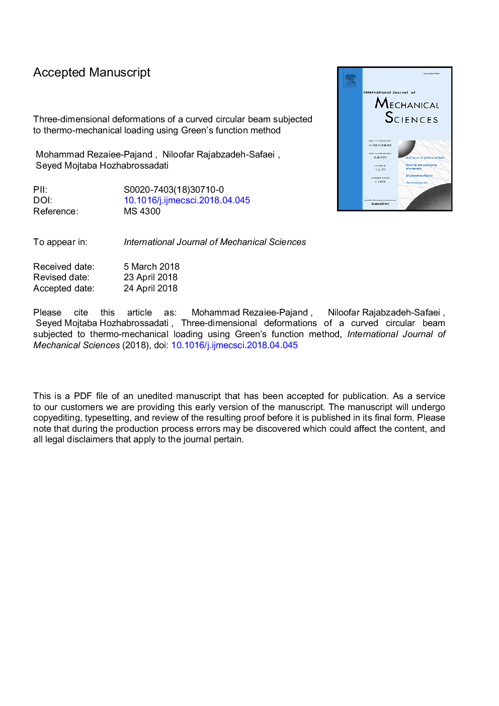 Three-dimensional deformations of a curved circular beam subjected to thermo-mechanical loading using green's function method