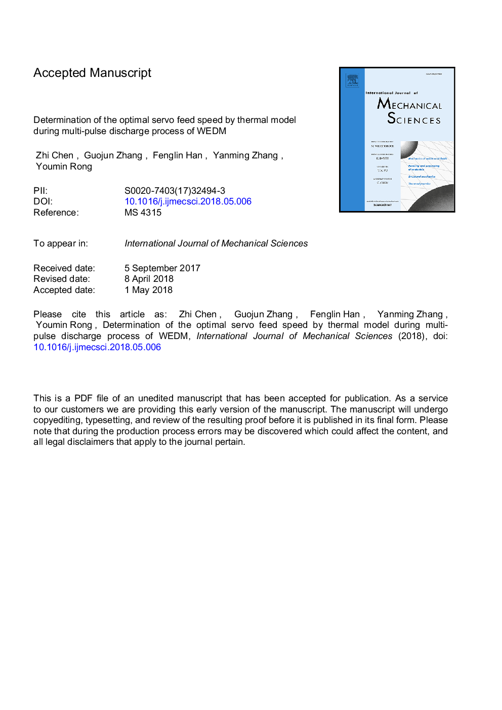 Determination of the optimal servo feed speed by thermal model during multi-pulse discharge process of WEDM