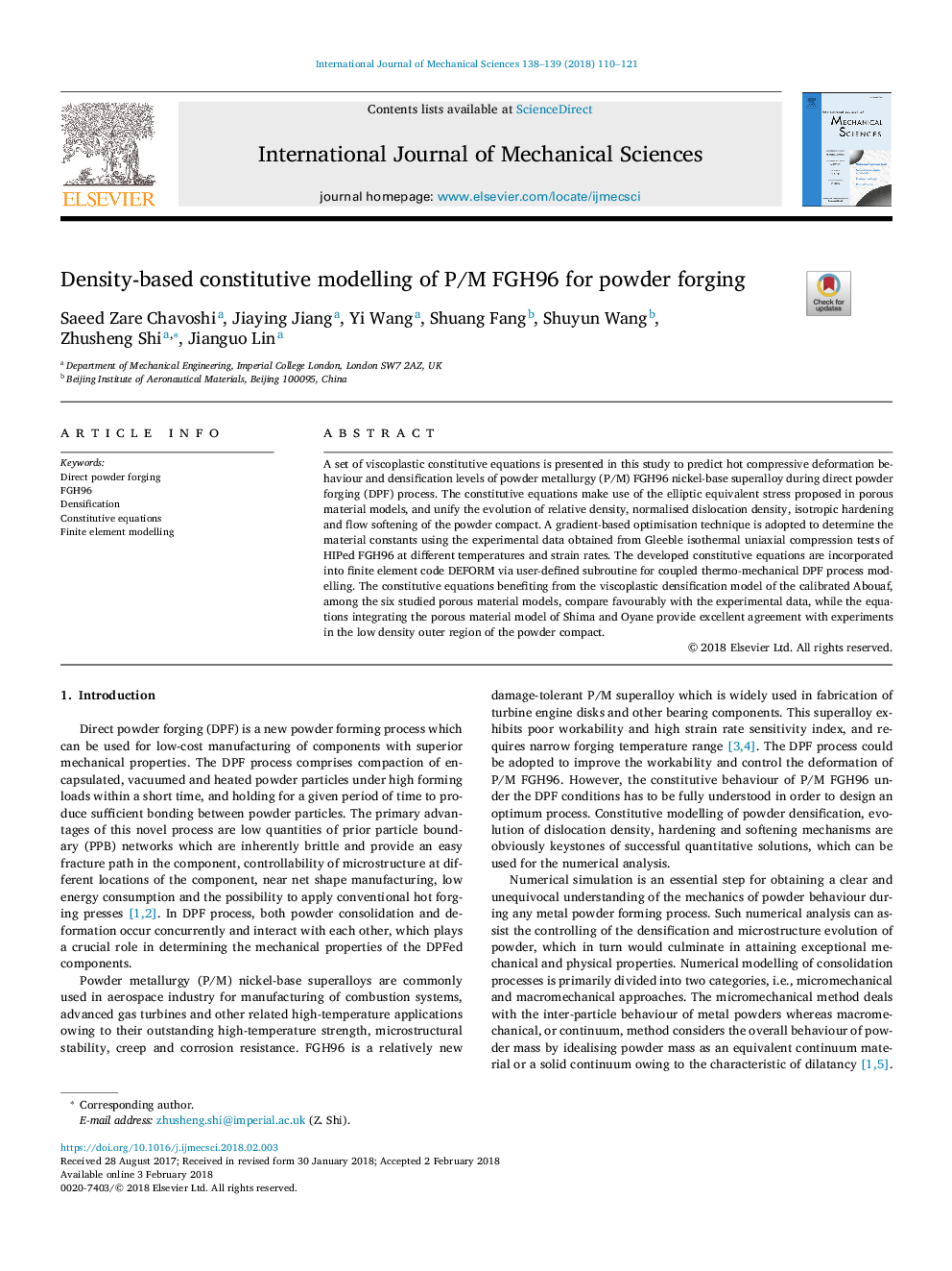 Density-based constitutive modelling of P/M FGH96 for powder forging