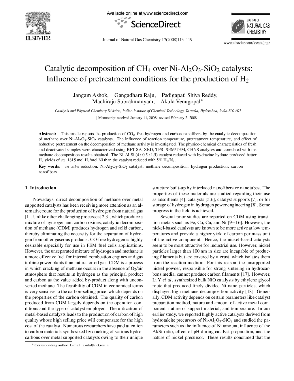 Catalytic decomposition of CH4 over Ni-Al2O3-SiO2 catalysts: Influence of pretreatment conditions for the production of H2