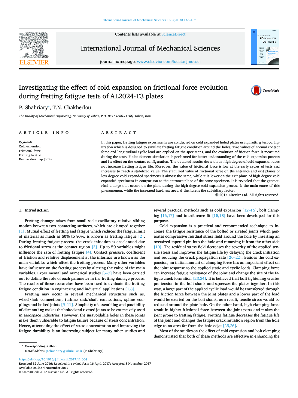 Investigating the effect of cold expansion on frictional force evolution during fretting fatigue tests of AL2024-T3 plates
