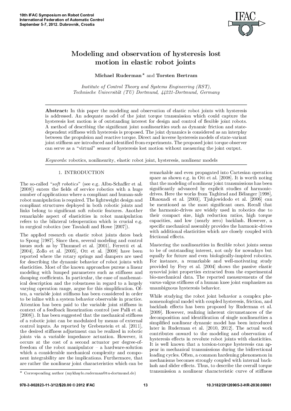 Modeling and observation of hysteresis lost motion in elastic robot joints