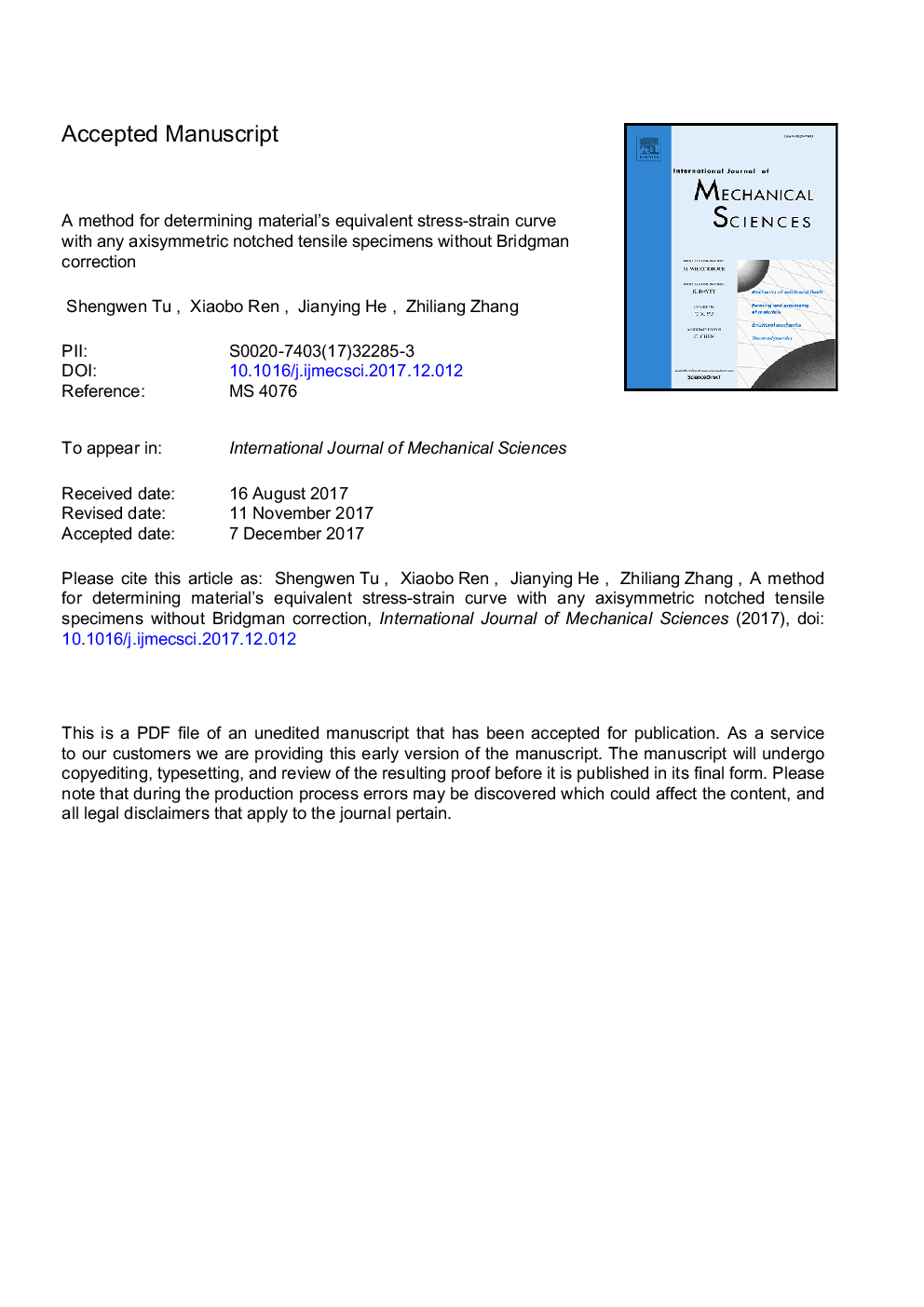 A method for determining material's equivalent stress-strain curve with any axisymmetric notched tensile specimens without Bridgman correction