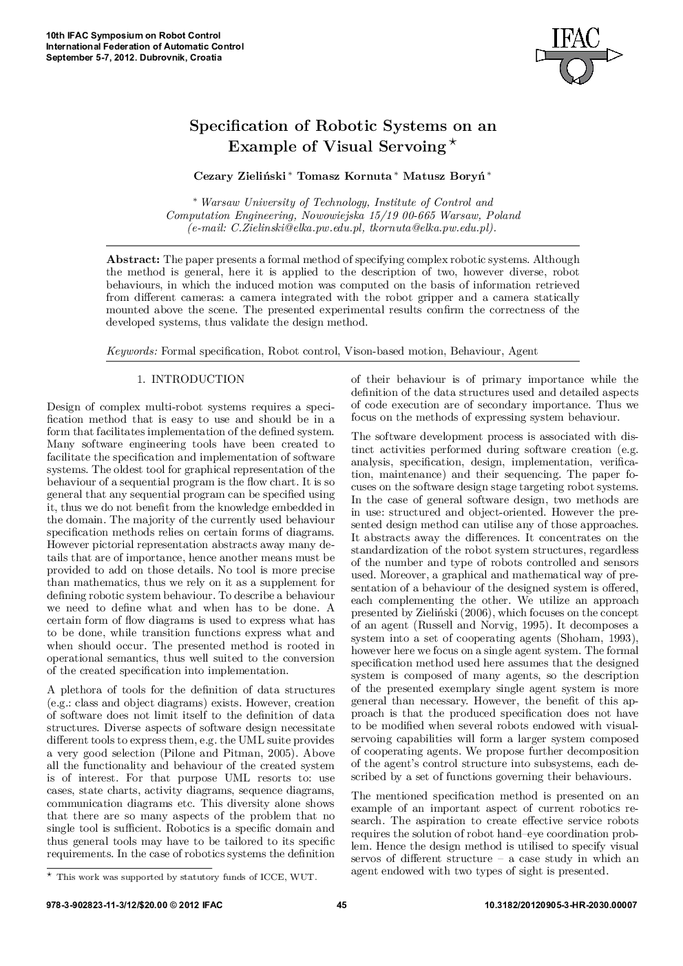 Specification of Robotic Systems on an Example of Visual Servoing 