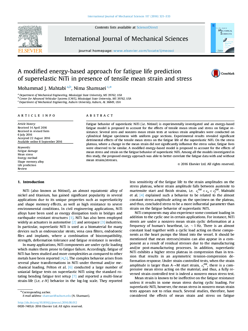 A modified energy-based approach for fatigue life prediction of superelastic NiTi in presence of tensile mean strain and stress