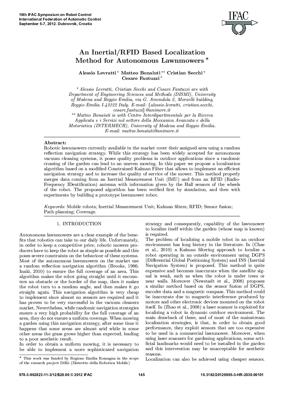 An Inertial/RFID Based Localization Method for Autonomous Lawnmowers 