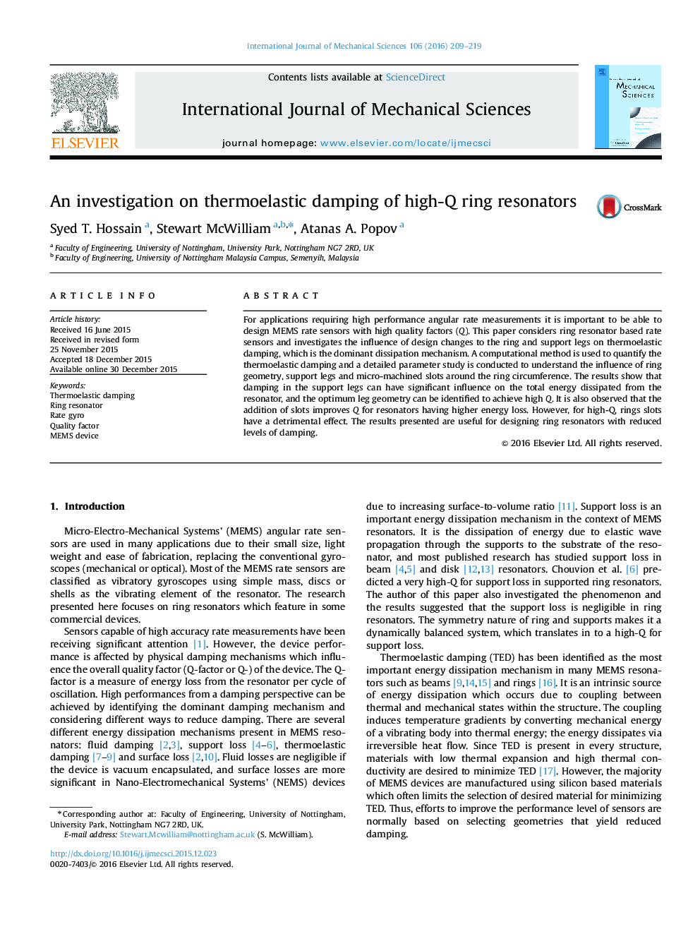 An investigation on thermoelastic damping of high-Q ring resonators