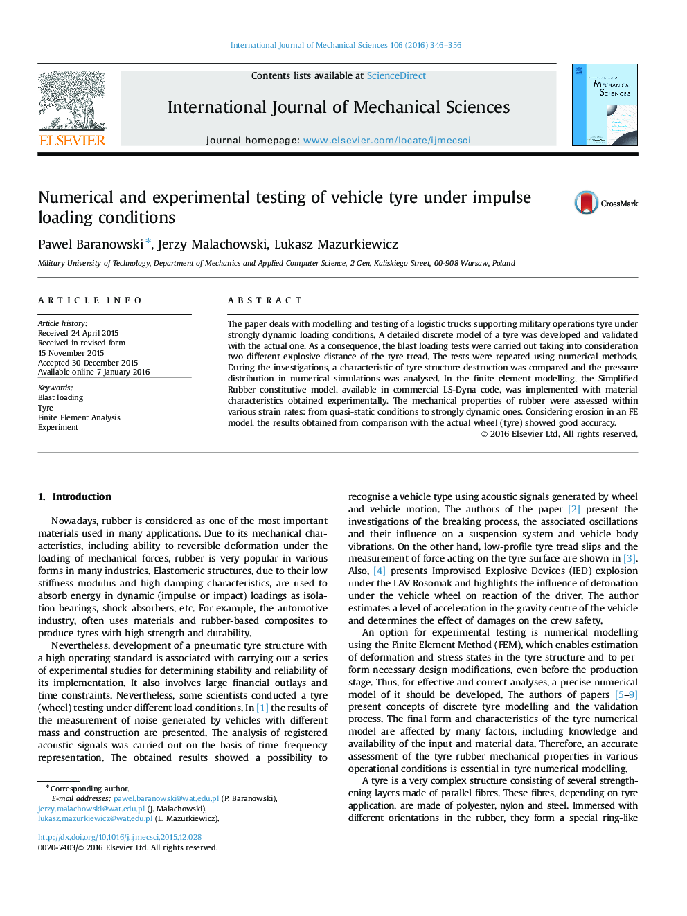 Numerical and experimental testing of vehicle tyre under impulse loading conditions