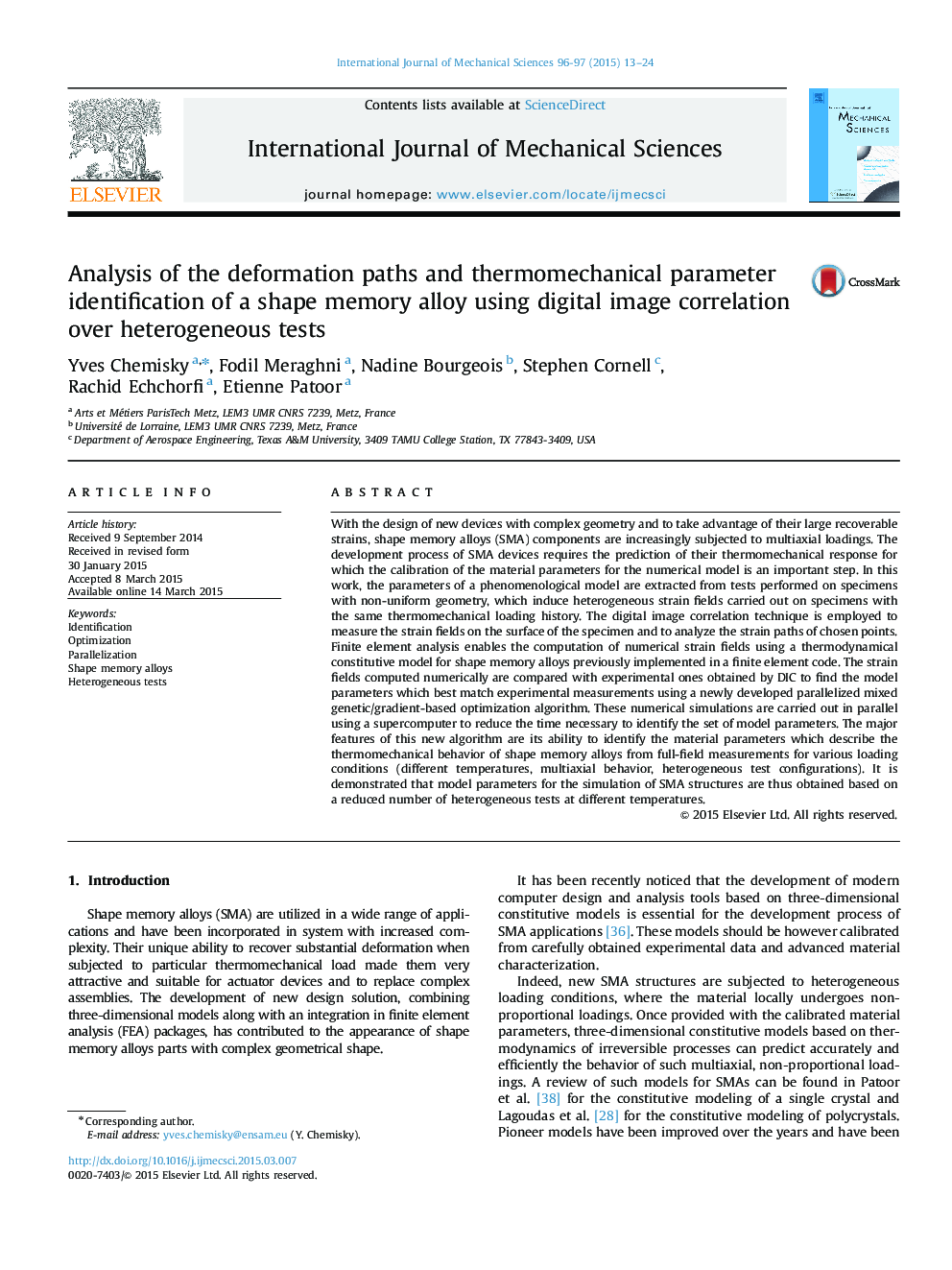 Analysis of the deformation paths and thermomechanical parameter identification of a shape memory alloy using digital image correlation over heterogeneous tests
