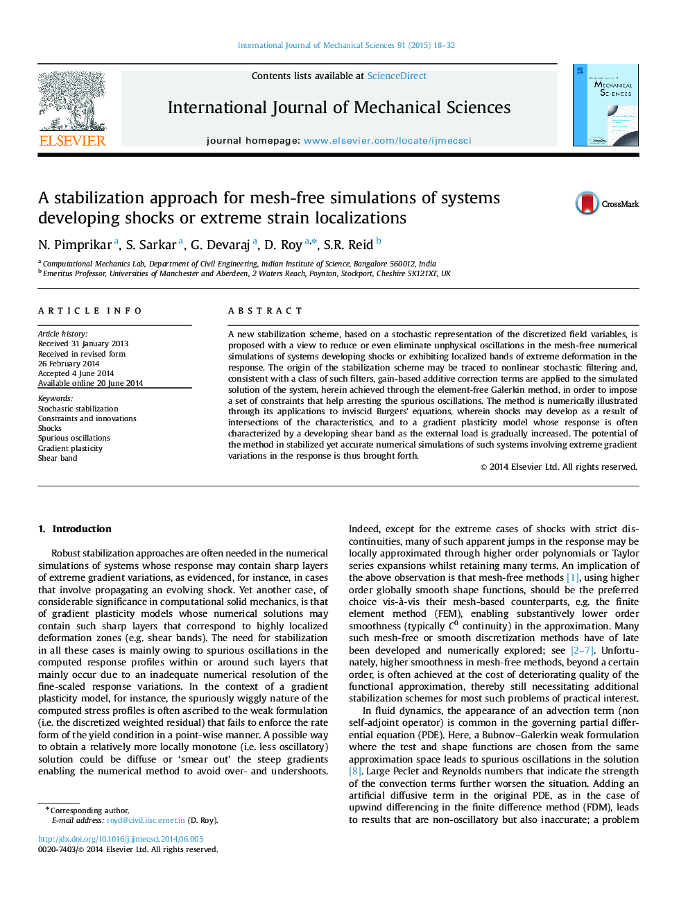 A stabilization approach for mesh-free simulations of systems developing shocks or extreme strain localizations