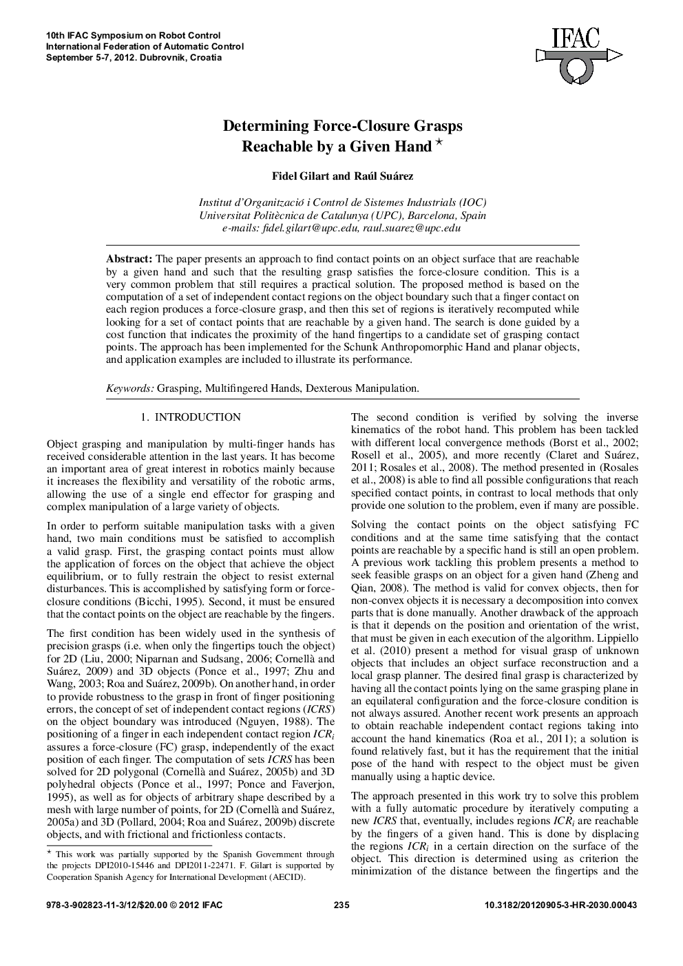 Determining Force-Closure Grasps Reachable by a Given Hand 