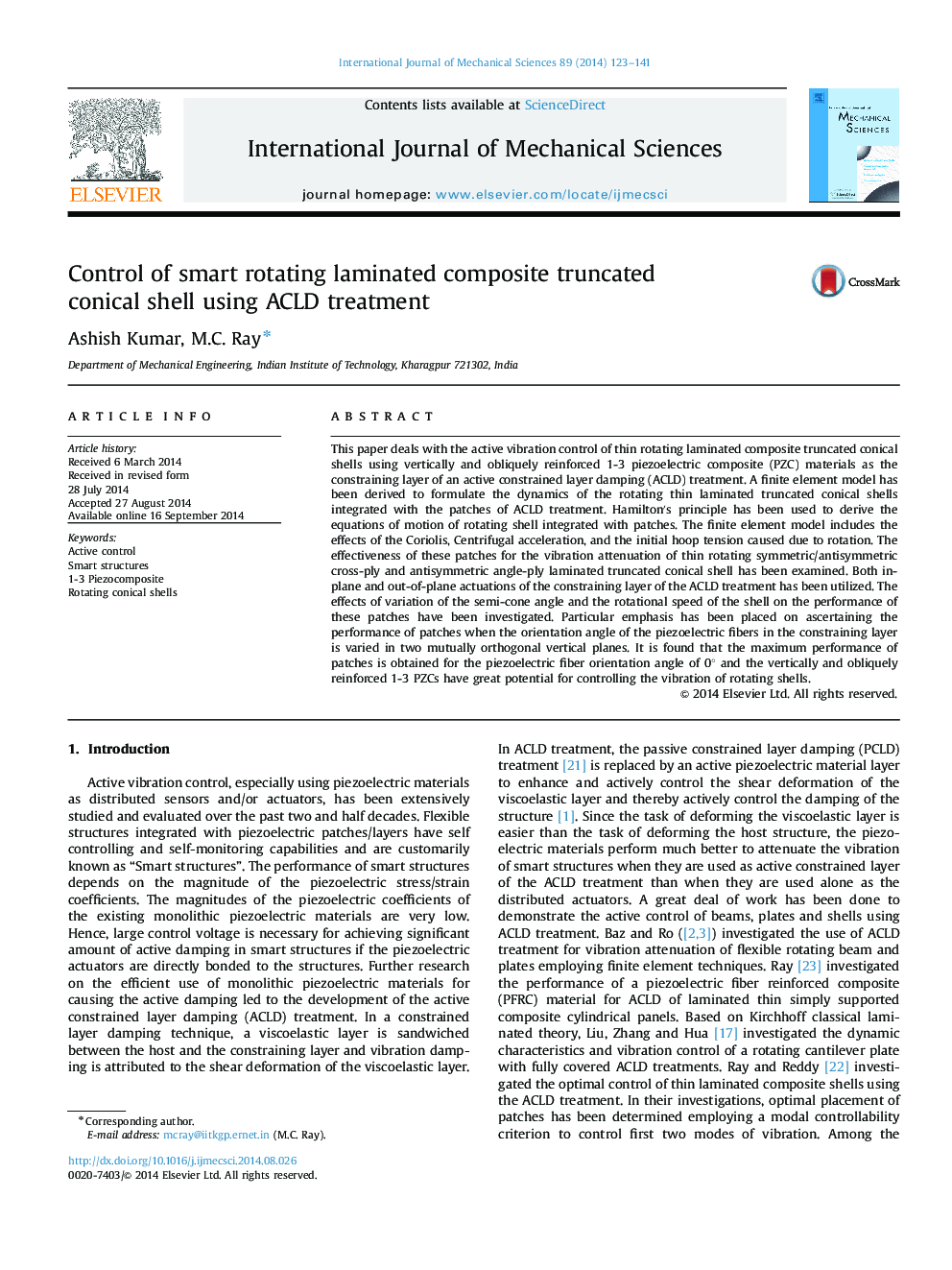 Control of smart rotating laminated composite truncated conical shell using ACLD treatment