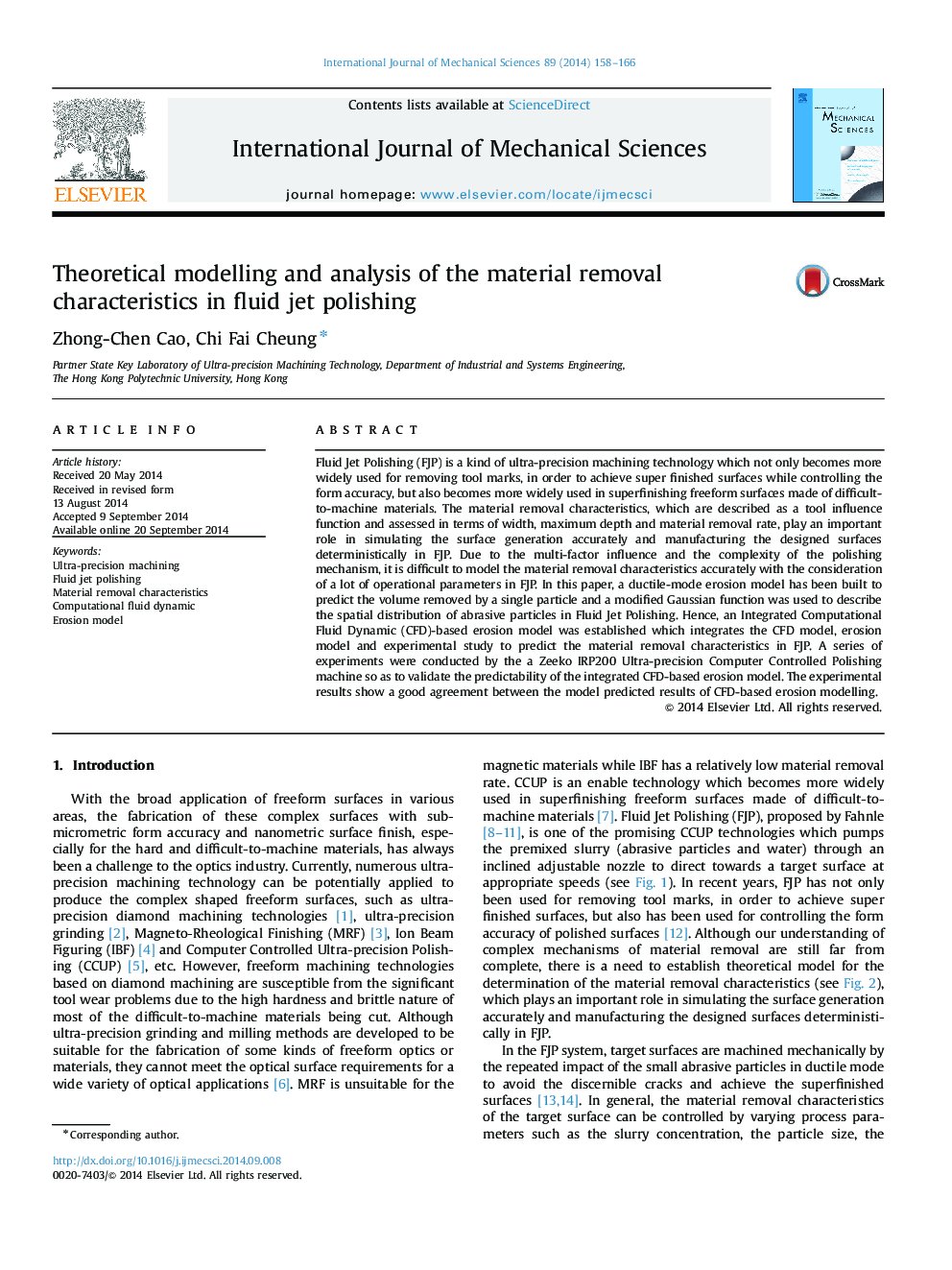 Theoretical modelling and analysis of the material removal characteristics in fluid jet polishing