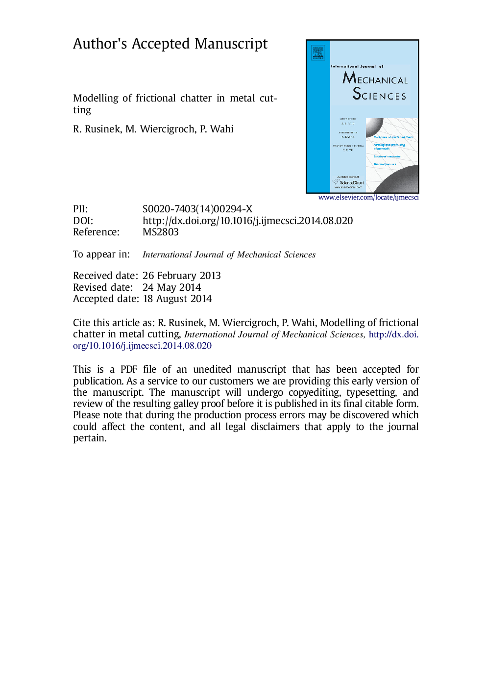 Modelling of frictional chatter in metal cutting