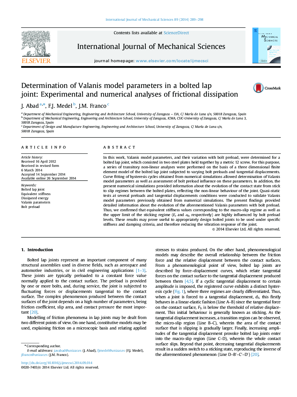 Determination of Valanis model parameters in a bolted lap joint: Experimental and numerical analyses of frictional dissipation