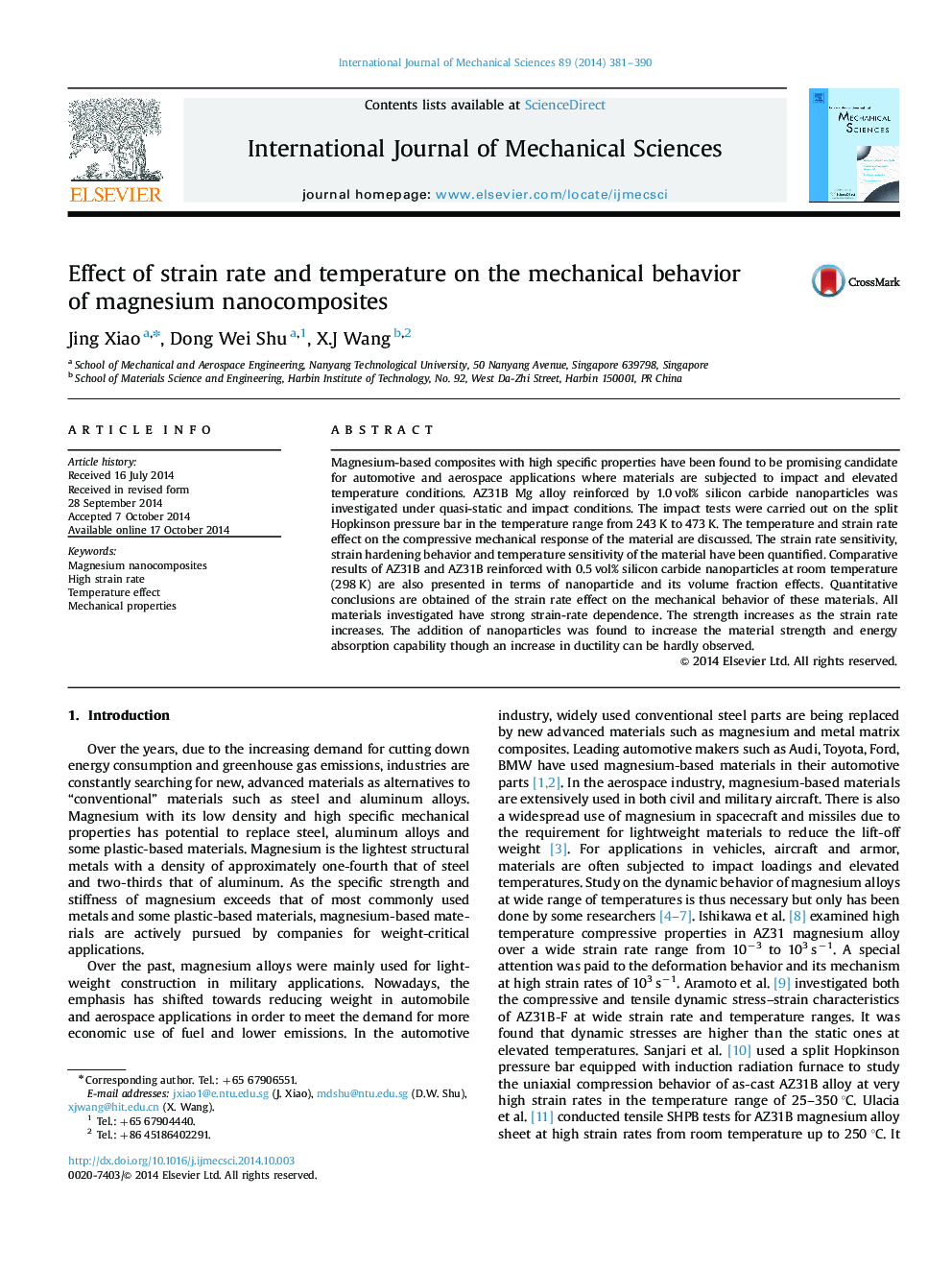 Effect of strain rate and temperature on the mechanical behavior of magnesium nanocomposites