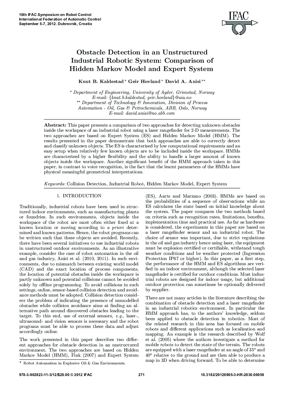 Obstacle Detection in an Unstructured Industrial Robotic System: Comparison of Hidden Markov Model and Expert System 