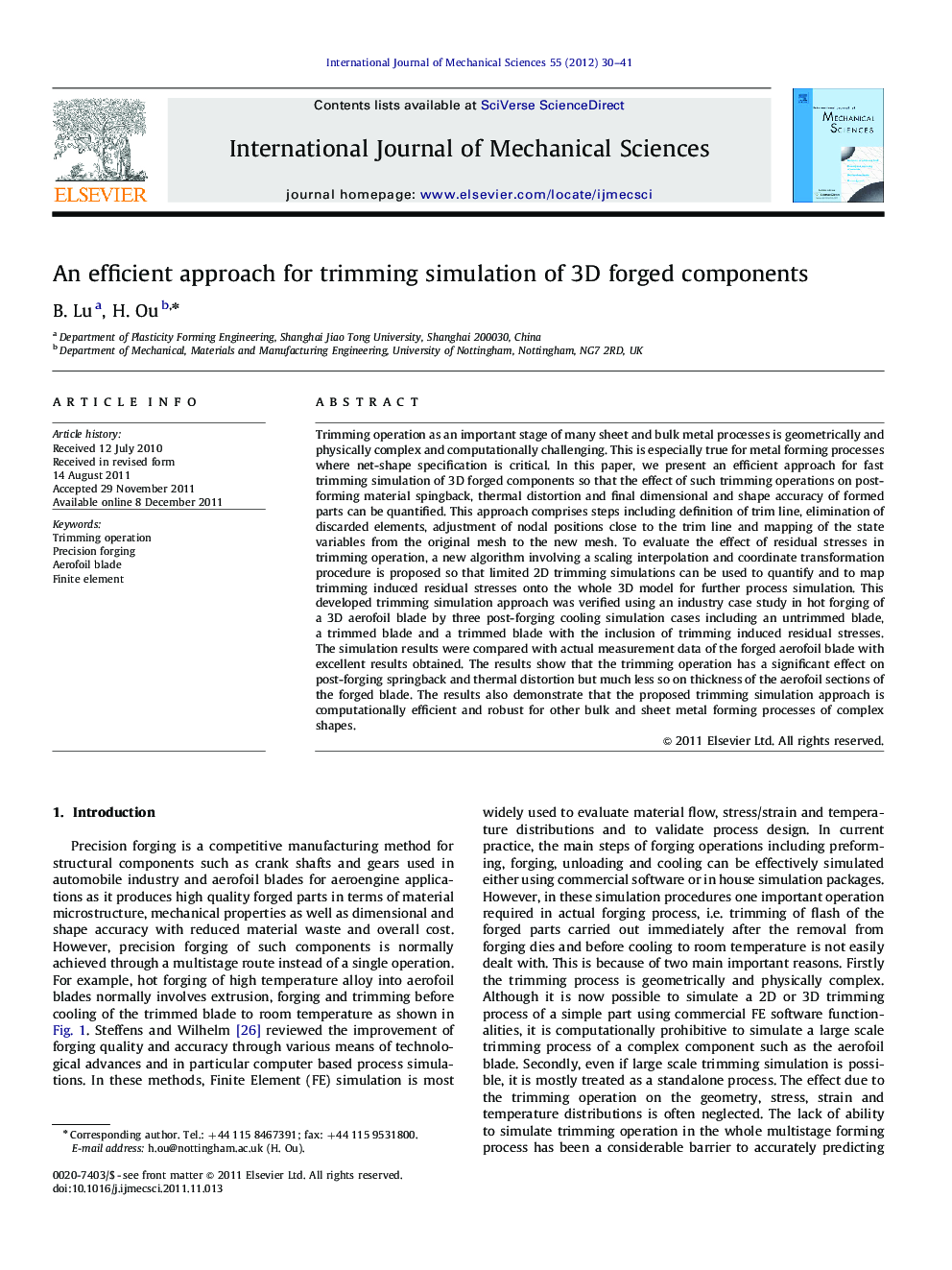 An efficient approach for trimming simulation of 3D forged components