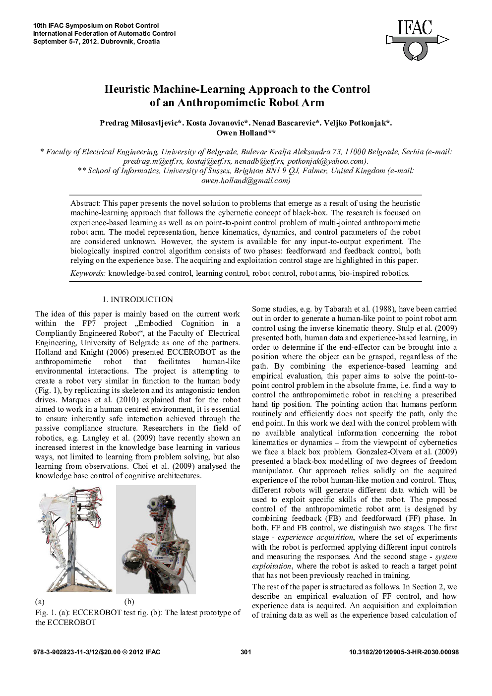 Heuristic Machine-Learning Approach to the Control of an Anthropomimetic Robot Arm