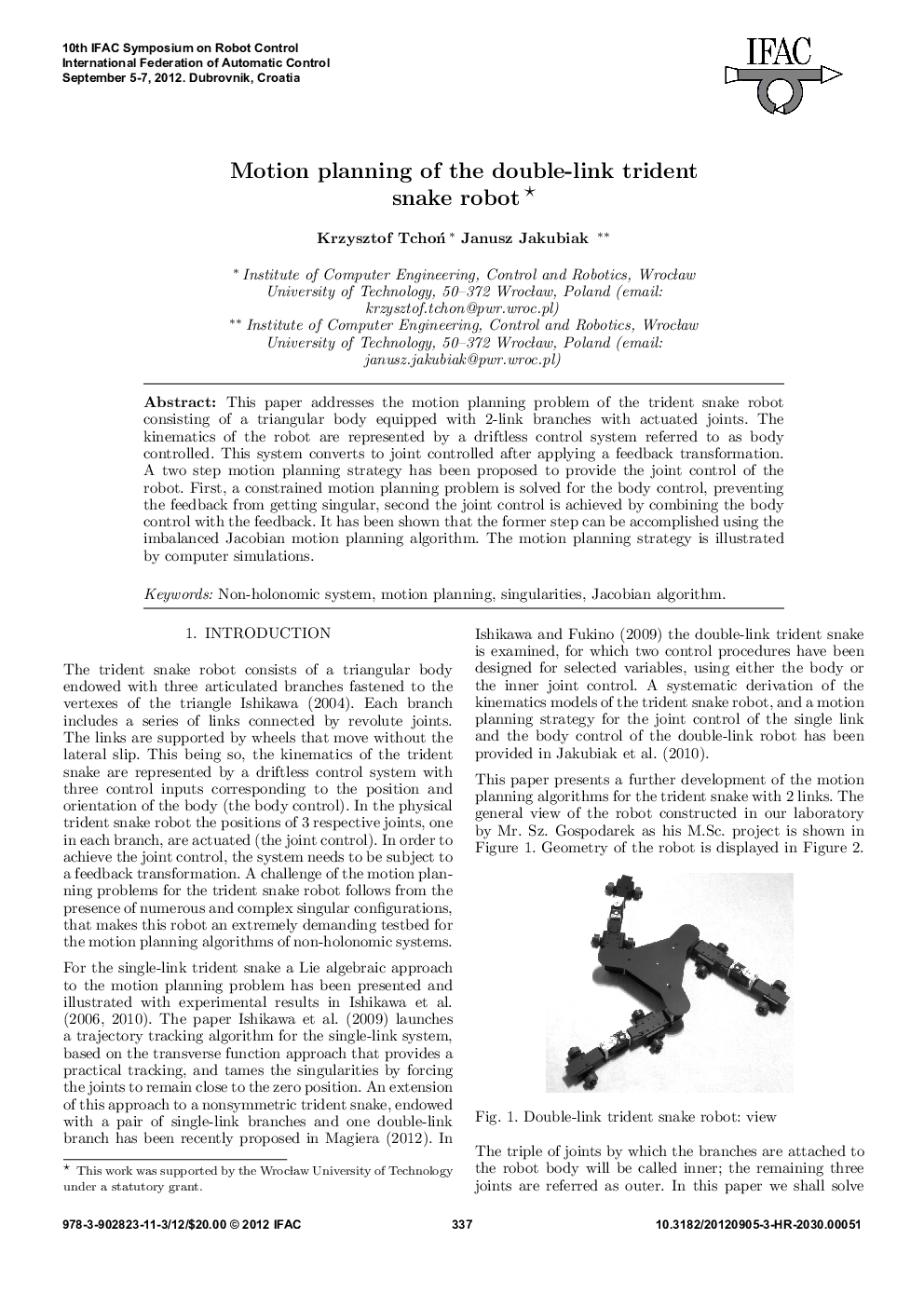 Motion planning of the double-link trident snake robot 