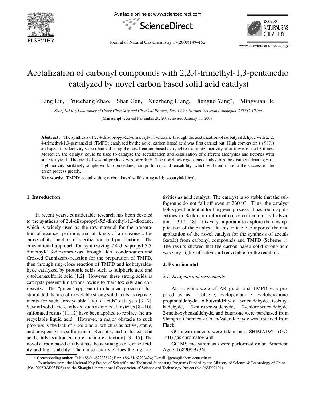 Acetalization of carbonyl compounds with 2,2,4-trimethyl-1,3-pentanedio catalyzed by novel carbon based solid acid catalyst 