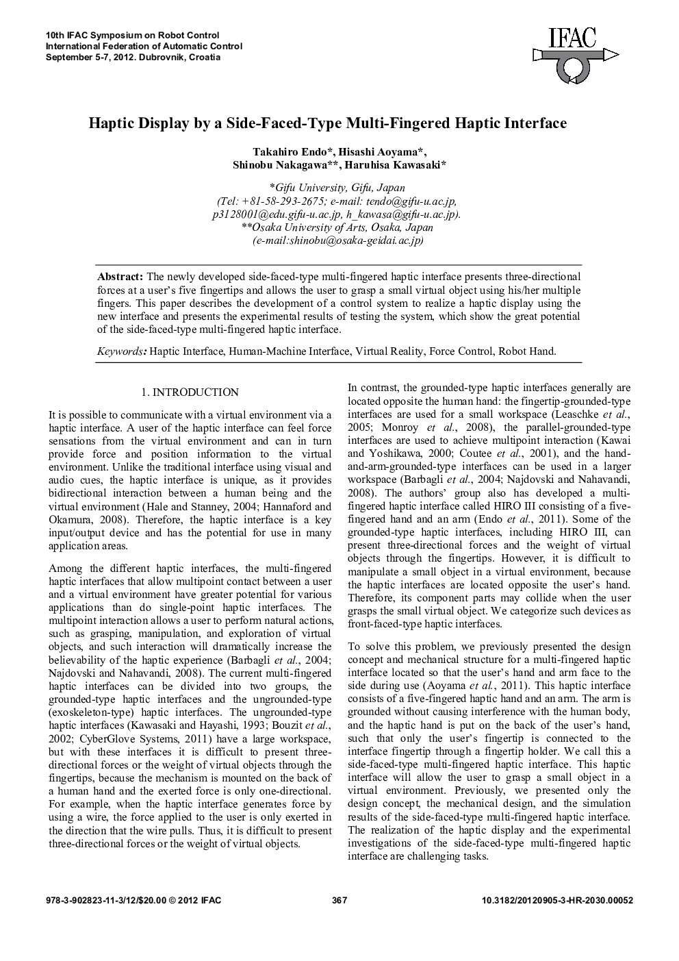 Haptic Display by a Side-Faced-Type Multi-Fingered Haptic Interface