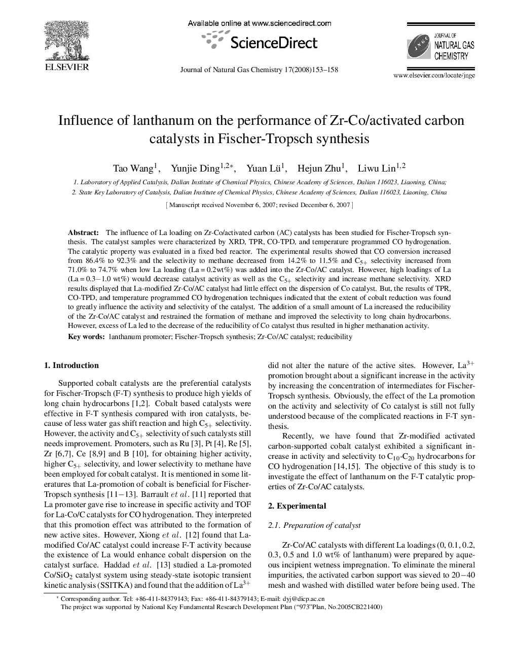 Influence of lanthanum on the performance of Zr-Co/activated carbon catalysts in Fischer-Tropsch synthesis 
