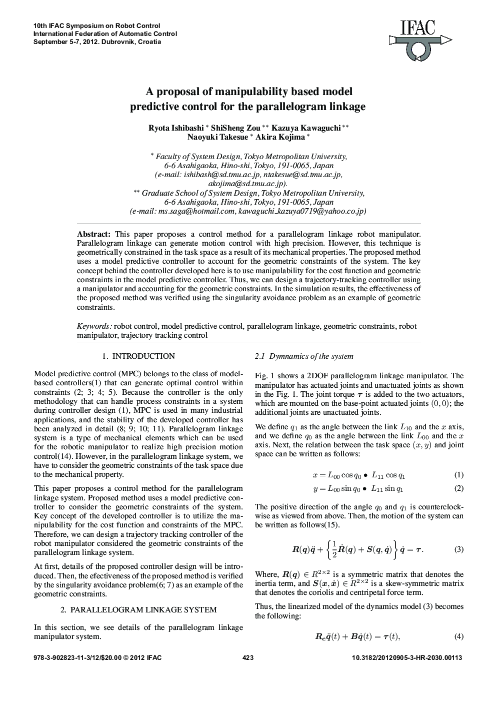 A proposal of manipulability based model predictive control for the parallelogram linkage