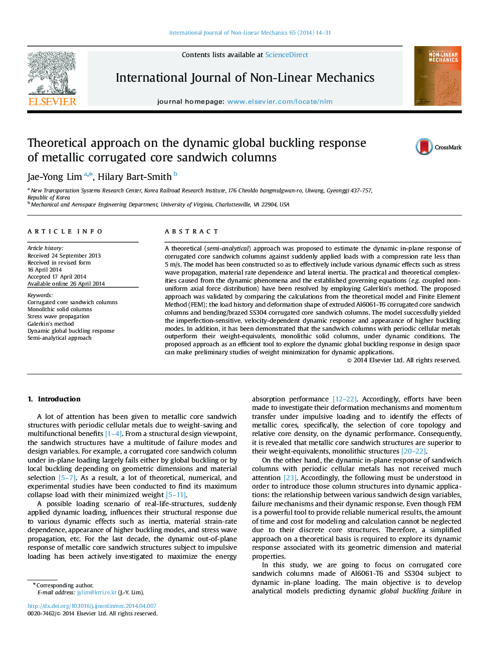 Theoretical approach on the dynamic global buckling response of metallic corrugated core sandwich columns